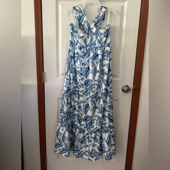 EUC Grace Karin Elegant Blue Leaf Print Maxi Dress PtP 18-20" stretch smocking - Picture 3 of 5